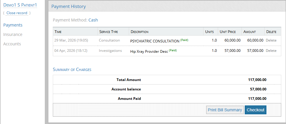 eIntelliHealth operations screen showing payment history, charges, account balance and checkout workflow