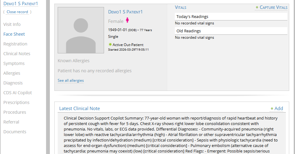 eIntelliHealth patient record screen showing visit information, patient demographics, vitals and latest clinical note